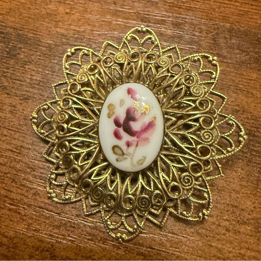 Gold tone Vintage Filigree Brass with porcelain rose center